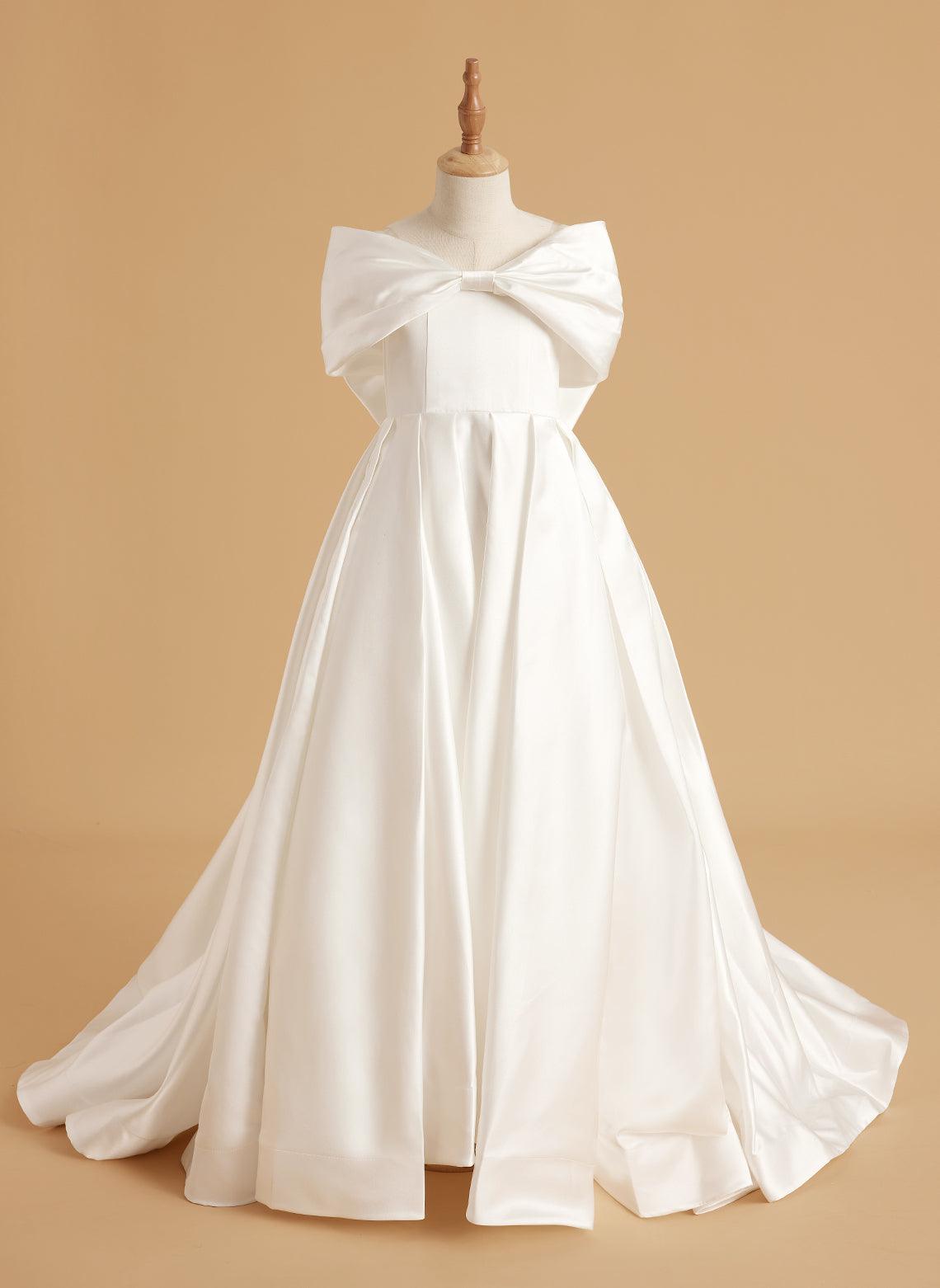 Ivory Satin Flower Girl Princess Ball Gown With Sweep Train And Bow Trim