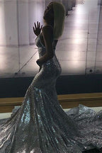 Long Mermaid V-Neck Sequins Backless Prom Dress
