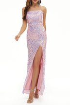 Prominente Elegante Allmähliche Veränderung Patchwork Schlitz Quadrat Kragen Abendkleid Kleider 