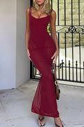U Neckline Slim Fit See Through Hem Slip Maxi Dresses-Burgundy