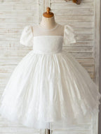 Lace First Communion Flower Girl Dress With Beading And Zip Back Scoop Neck
