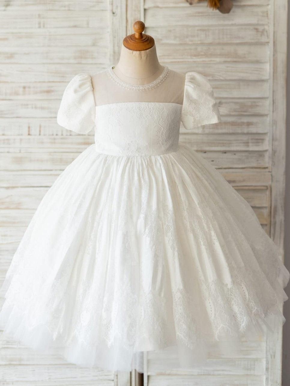 Lace First Communion Flower Girl Dress With Beading And Zip Back Scoop Neck