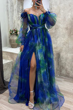 Vestido largo de noche de lujo con abertura, plisado, hombros descubiertos y tul de malla floral 