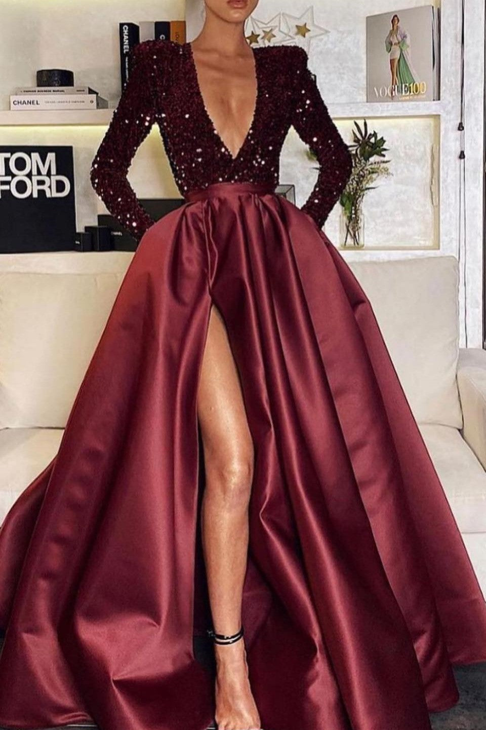 Robe de bal en satin à manches longues, col en V, sirène, paillettes, avec fente