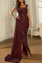 Abiti da sera formali e sensuali in tinta unita con paillettes, scollo a quadrato e spacco