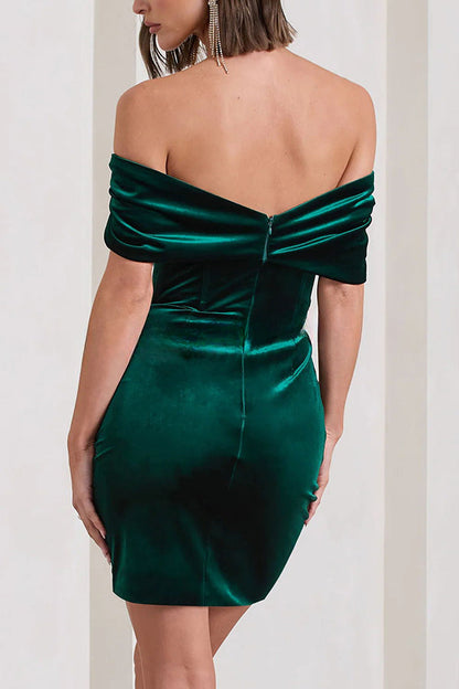 Paris Streets Velvet Off Shoulder Bow Bardot Wrap Mini Dress