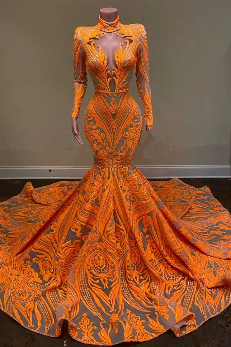 Vestido de Baile Laranja Sereia com Gola Alta, Mangas Compridas, Renda e Lantejoulas