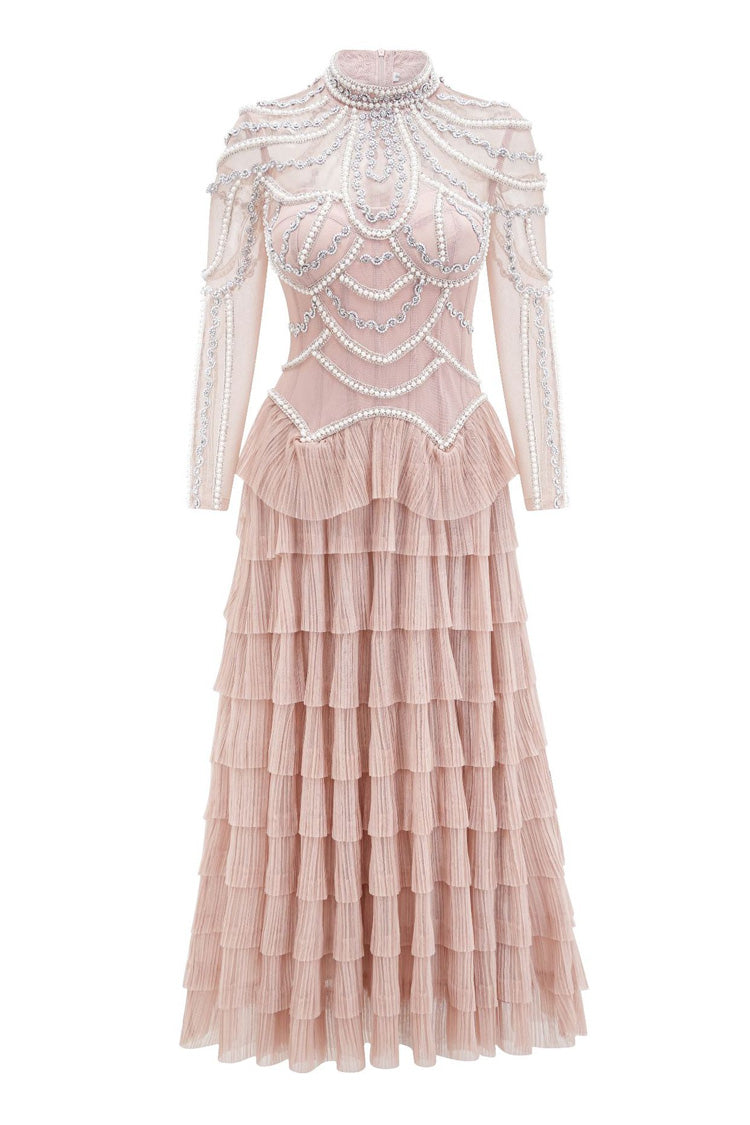 Abito da sera lungo in tulle a goccia con perle di cristallo e vita cadente a balze