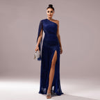 One-Shoulder Long Sleeve Slit Gown – Elegant Evening Dress