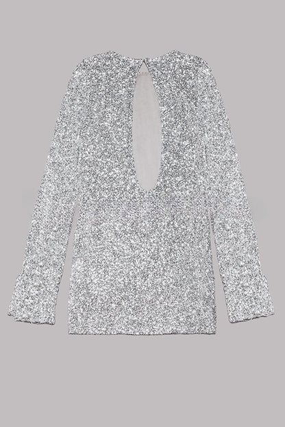 Flash Focus Sequin Extra Long Slit Sleeves Open Back Mini Dress