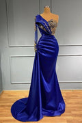 Dark Blue One Shoulder Long Sleeve Pleated Mermaid Prom Dress Beaded