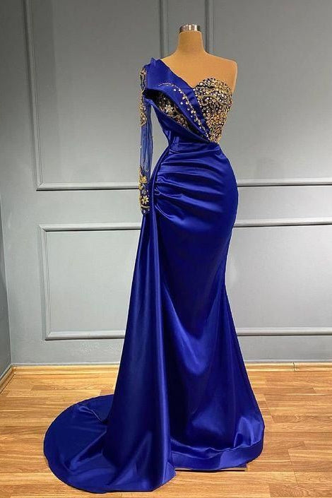 Dark Blue One Shoulder Long Sleeve Pleated Mermaid Prom Dress Beaded