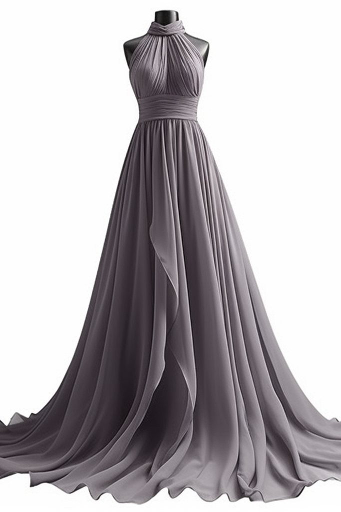 Vestido longo de cerimónia em chiffon sem mangas com gola halter e pregas elegantes