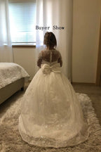 Long Sleeves Lace Jewel Neck Flower Girl Dress Ball Gown Floor Length