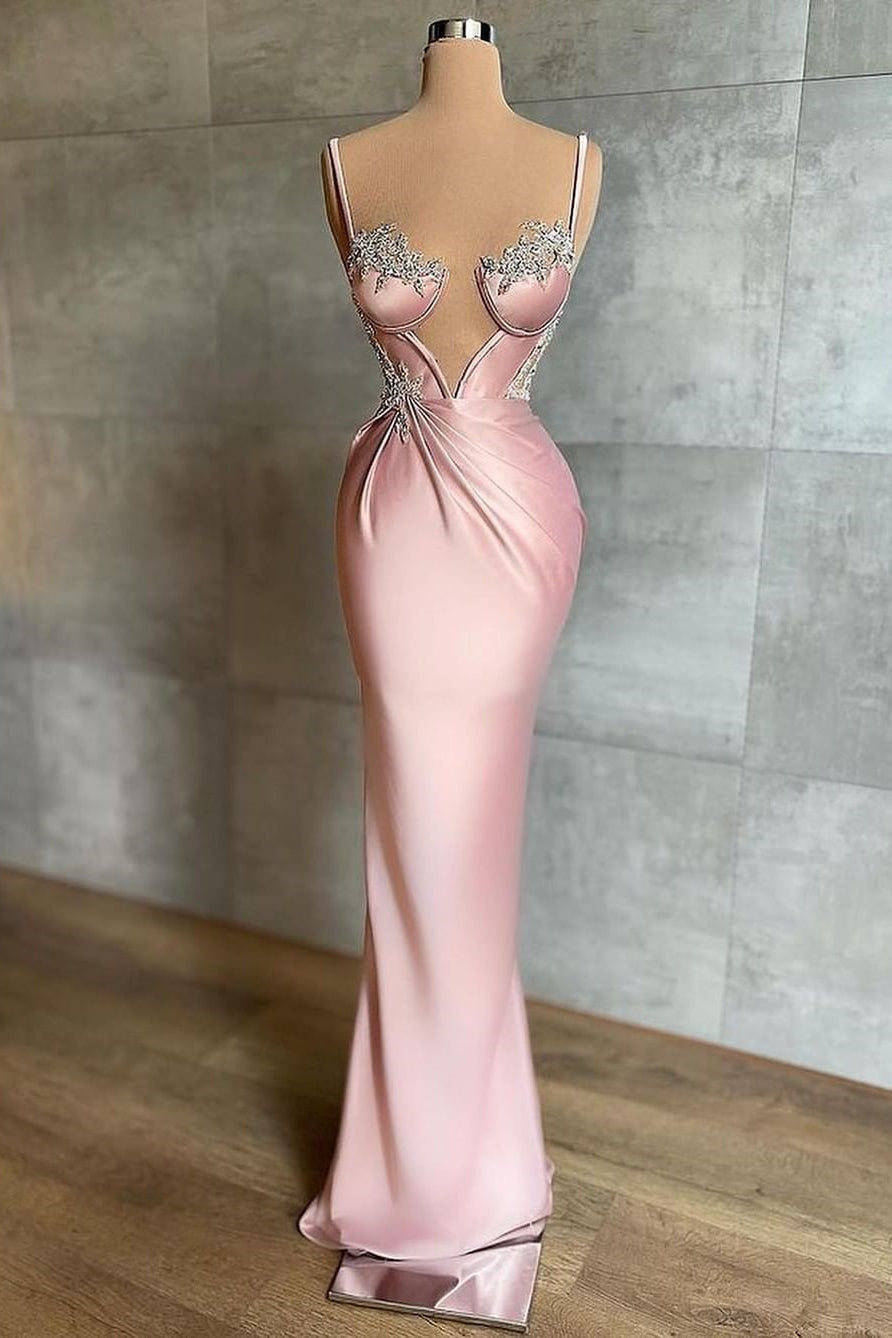 Long Mermaid Sweetheart Spaghetti Straps Satin Prom Dress with Beadings