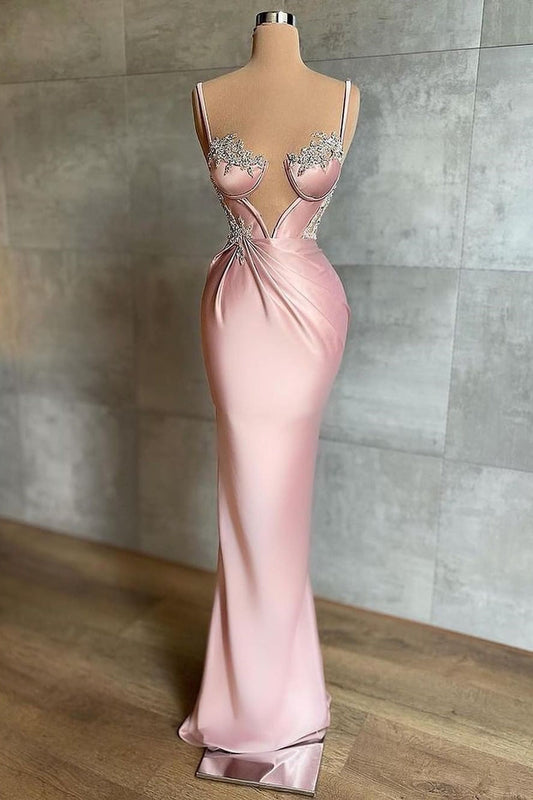 Long Mermaid Sweetheart Spaghetti Straps Satin Prom Dress with Beadings
