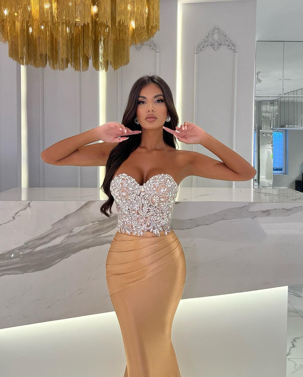 Gold Satin Prom Dress Sweetheart Floor Length Rhinestone Mermaid