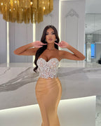 Gold Satin Prom Dress Sweetheart Floor Length Rhinestone Mermaid
