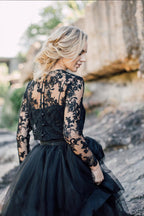Unique Black Bateau Long Sleeves Ruffles A Line Wedding Dress Appliques Lace