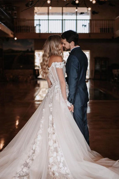A Line Off The Shoulder Lace Wedding Dress For Romantic Brides