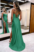 Hot Pink Spaghetti Straps Satin Mermaid Prom Dress With Slit