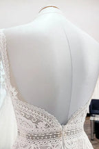 Stylish Open Back Ruffles Long A Line Wedding Dress Lace Tulle