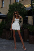 Short White Strapless Prom Dress With Sweetheart Neckline And Flower Appliques