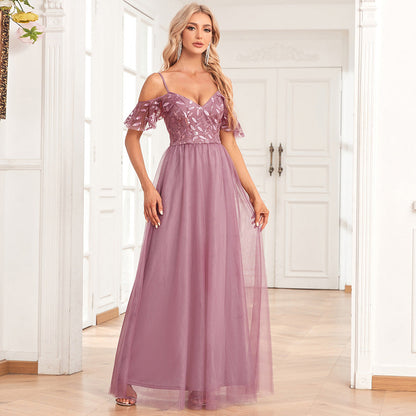 Vestido elegante de noche largo con escote en V doble y tirantes al hombro para mujer, con costuras de tul bordadas y apliques 