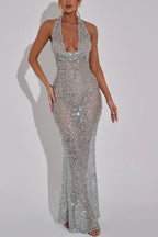 Vestido largo con cuello halter, lentejuelas transparentes y brillo toda la noche 