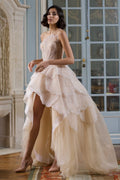 Bmbridal A Line Hi Lo Strapless Tulle Prom Dress With Lace Beading