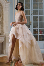 Bmbridal A Line Hi Lo Strapless Tulle Prom Dress With Lace Beading