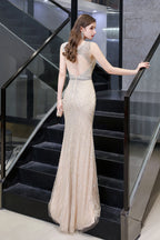 BMbridal Luxurious Beaded Mermaid Prom Dress Sleeveless V Neck Tulle Gown