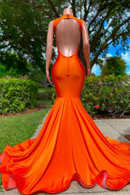 Orange Long V Neckline Sleeveless Beads Mermaid Backless Prom Dresses