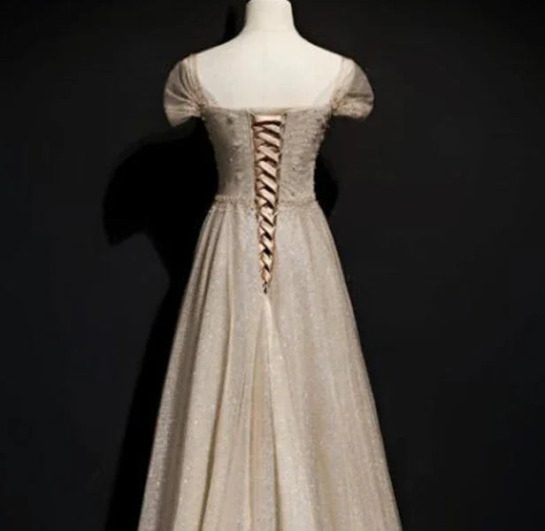 Funkelndes Tüll-Pailletten-Kleid mit quadratischer Perlenstickerei, langes A-Linien-Ballkleid für den Abschlussball, Festkleid Y7585