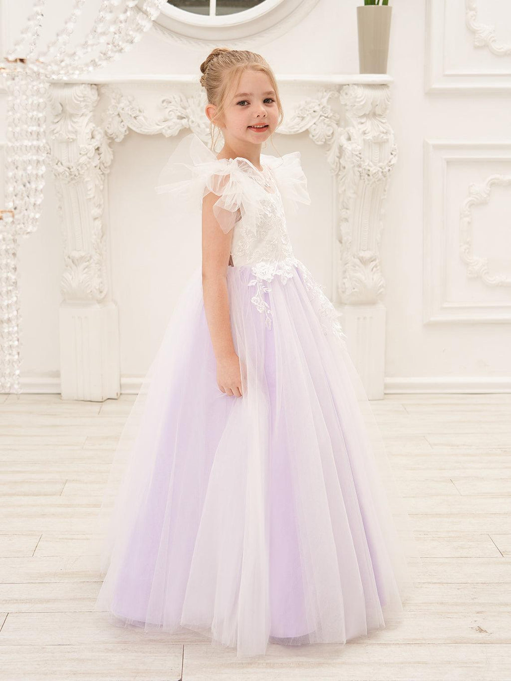 Detachable Lace Tulle Flower Girl Dress With Bow And Sweep Train