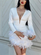 TARUXY Tiefem V-ausschnitt Mini Kleid Für Frauen Federn Patchwork Sexy Bodycon Kleider Damen Schlank Solide Party Prom Kleid Frau 2023 