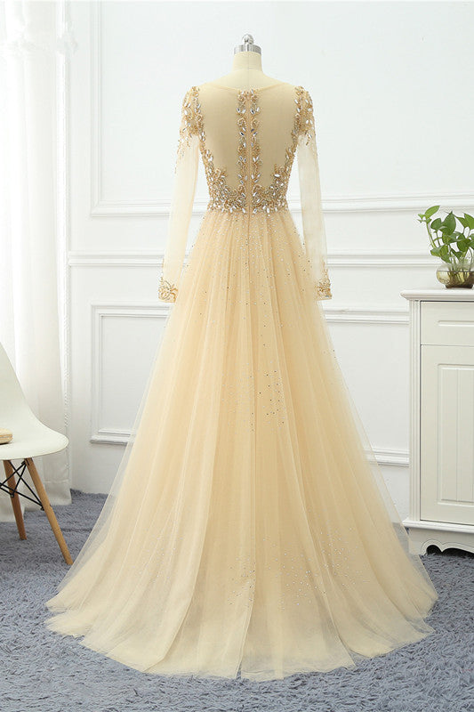 Elegant V Neck Long Sleeves Prom Dress With Overskirt Beading And Appliques