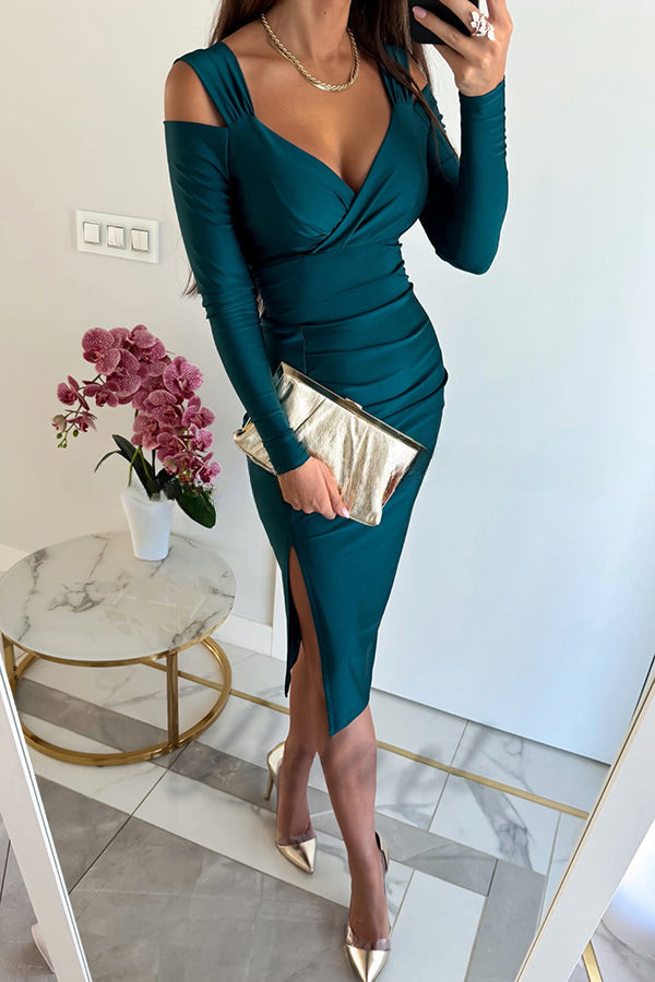 Elegant Era Satin Cold Shoulder Ruched Slit Bodycon Midi Dress