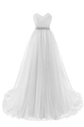 Modest Sweetheart Beaded Diamond Strap A Line Prom Dress With Sleeves 3Ft Train