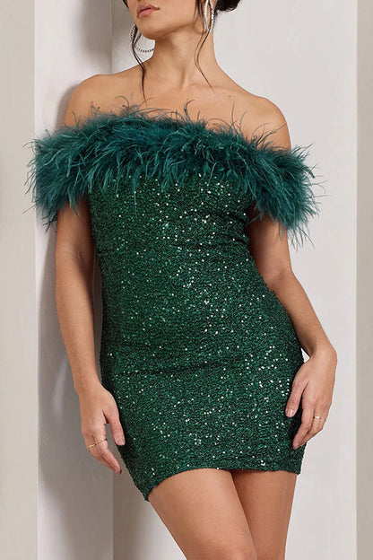 It's Show Biz – Figurbetontes Minikleid mit Pailletten und Federbesatz 