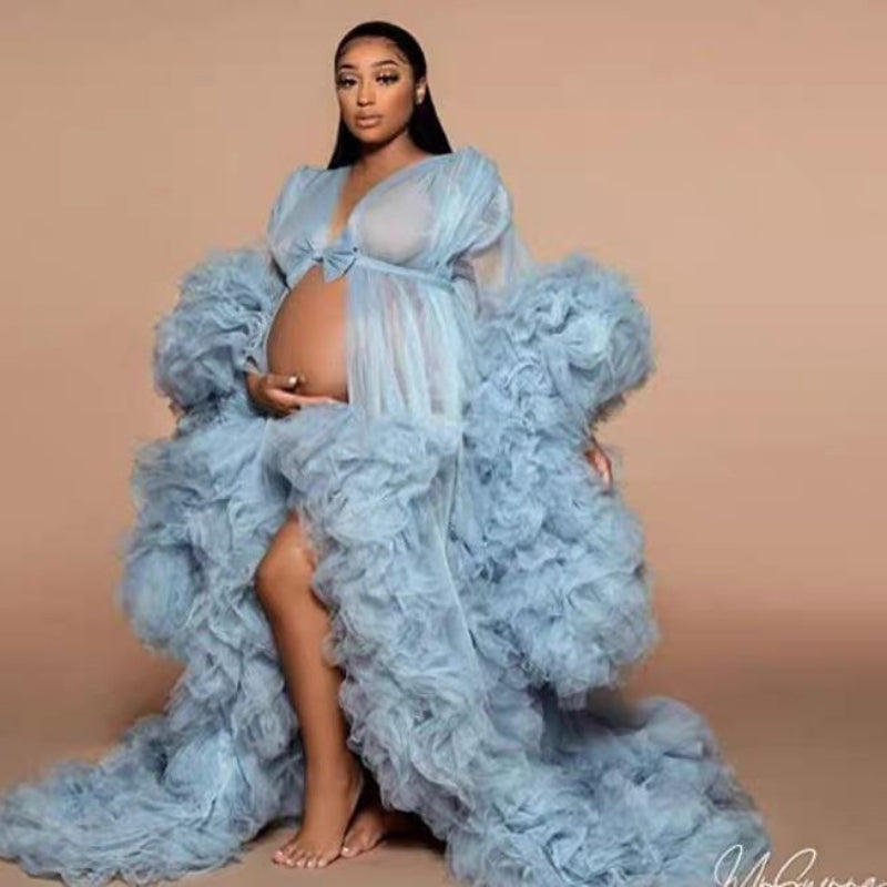 6123 # Nouvelle robe photo en maille pour femmes enceintes décolleté en V transparent multicolore peut être faite pour la fête 