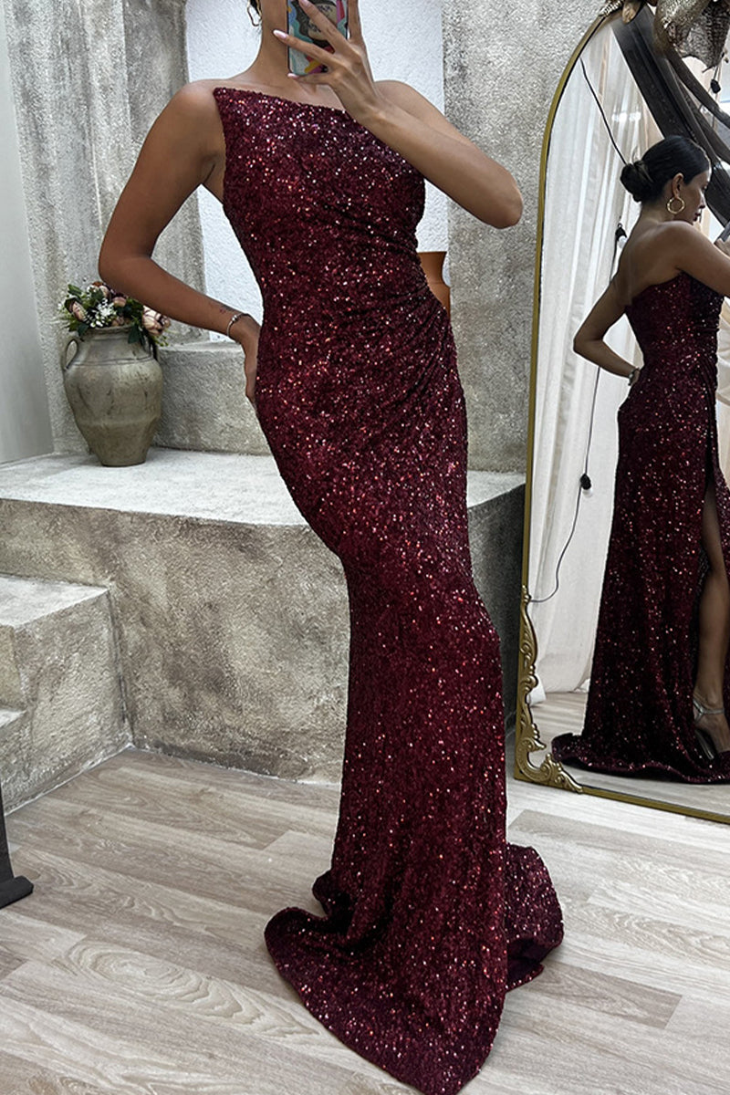 Abito da sera formale sexy in tinta unita con spacco asimmetrico e collo obliquo