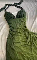Vestido largo de fiesta y gala con escote en V, tirantes halter, degradado verde y gasa, modelo Y7484
