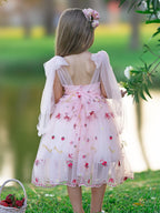 Pink Tulle Knee Length Strawberry Embroidery Flower Girl Dress