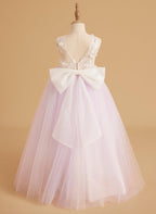 Sleeveless Princess Flower Girl Dress With Detachable Train And Beaded Lace