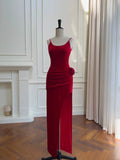 Abito da sera rosso scintillante con spalline sottili, spacco e pieghe, abito da ballo con fiore Y8588