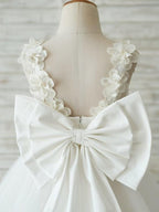 Ivory Lace Tulle Knee Length 3D Flower Girl Dress With V Back