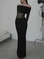 Lange Ärmel, schmal, plissiert, durchsichtig, einfarbig, mit Schlitz, schulterfrei, Abendkleider, Maxikleider 