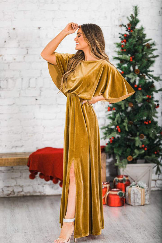 Damenbekleidung Frühling Sommer Sexy Elegantes Kleid Gold Samt Rundhalsausschnitt Hochgeschlitztes Abendkleid für Damen 