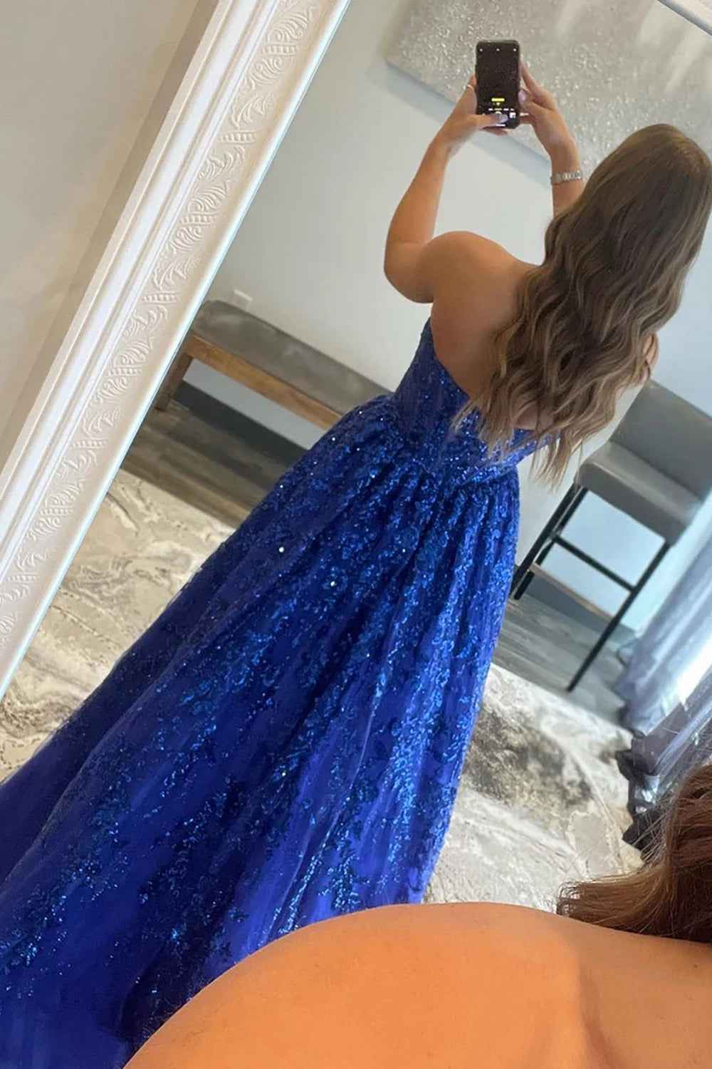 Royal Blue Sequin Prom Dress With Appliques For Evening Party